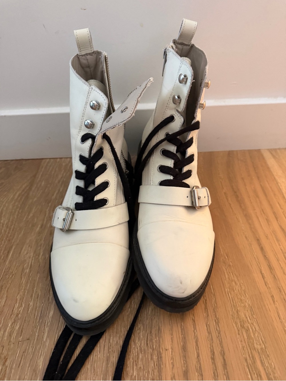 All Saints Cream Lace-Up Buckle Combat Boots with Black Laces and Soles